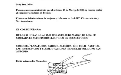 AVISO: Próximos cortes de luz el día 28 de marzo