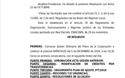 Convocatoria Pleno el próximo día 5 de diciembre de 2018.