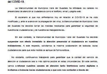 La Mancomunidad de Municipios Valle del Guadiato ha decidido suspender la atención presencial a los/as ciudadanos/as ante el avance del COVID-19.