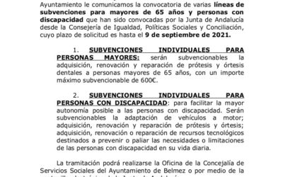 Nota informativa, convocatoria subvenciones para mayores de 65 años y discapacitados.