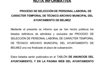 PROCESO DE SELECCIÓN DE PERSONAL TEMPORAL TÉCNICO ARCHIVO MUNICIPAL