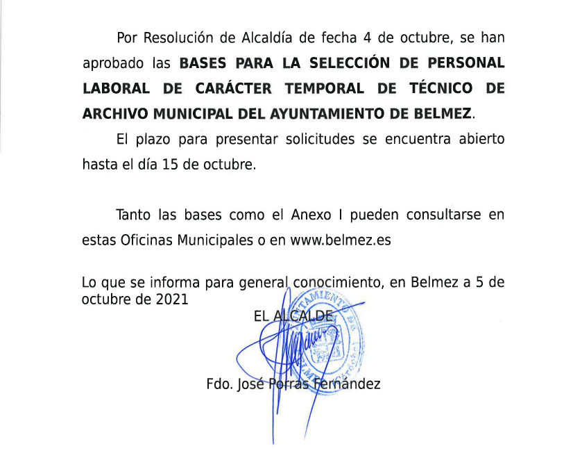 BANDO. SELECCIÓN PERSONAL LABORAL TEMPORAL DE TÉCNICO DE ARCHIVO MUNICIPAL.